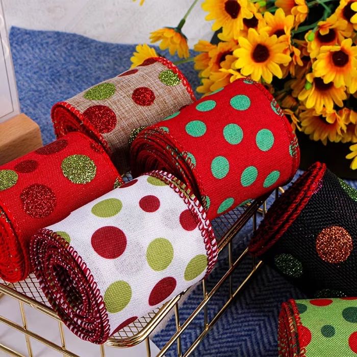 2.5" Christmas Glitter Polka Dot Wired Ribbon, Red Green White Black Burlap Ribbon for Wreaths, Gift Wrapping & Holiday