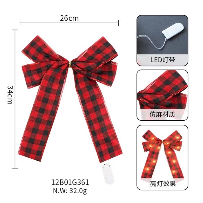 Big Gingham Ribbon Bows with Wire Edge for Christmas