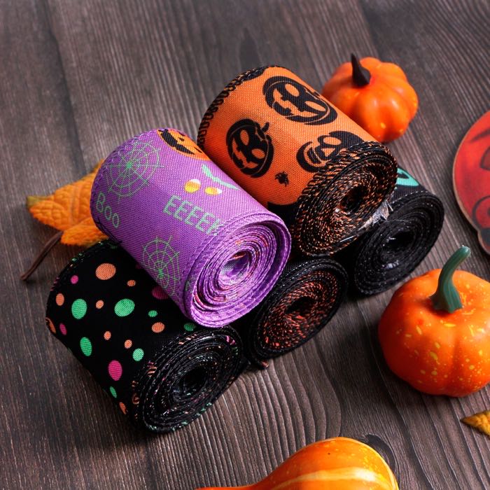 Customizable Halloween Burlap Ribbon - Orange & Black Jack-O-Lantern Pattern Wired Edge Ribbon