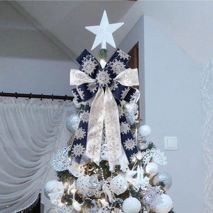 MSD High Quality Glitter Christmas Bow Ornaments with Snowflake Imitation Linen Ribbon