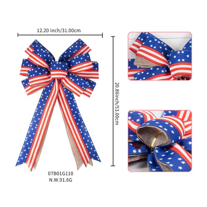 National Day Burlap Wired Edge Ribbon Bow