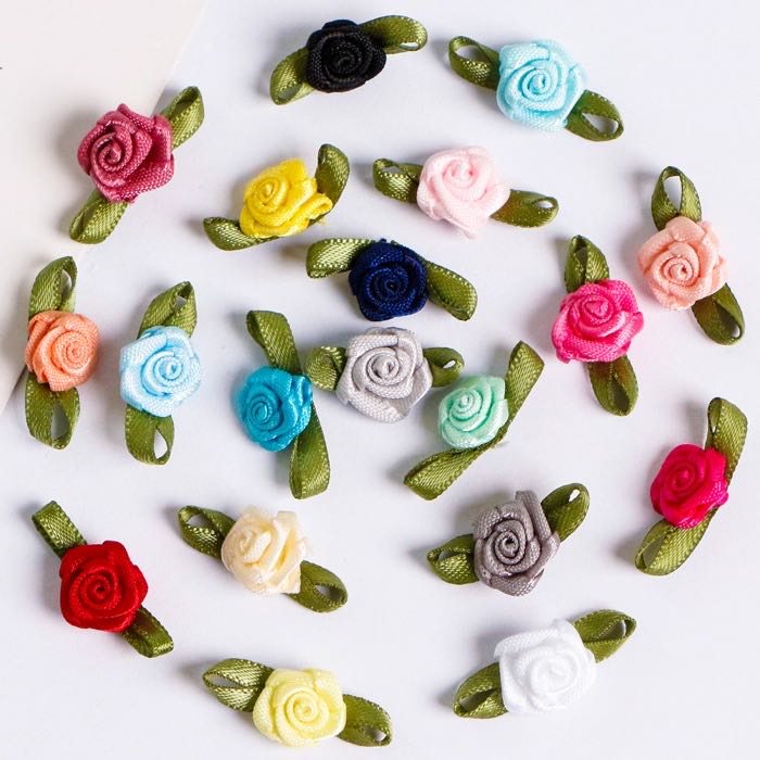 New Product Launch: Handmade Mini Satin Ribbon Roses with Green Leaf Bows – Premium Artificial Fabric Flowers for Weddin
